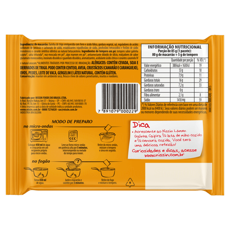 Macarrao-Instantaneo-Lamen-com-Tempero-de-Galinha-Caipira-Nissin-Miojo-Pacote-85g-Sendo-80g-de-Macarrao-e-5g-de-Tempero