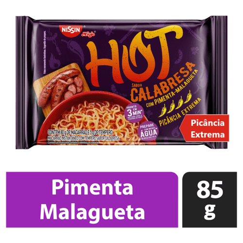 Macarrão Instantâneo Lámen com Tempero de Calabresa Picância Alta Nissin Miojo Hot Pacote 85g Sendo 80g de Macarrão e 5g de Tempero