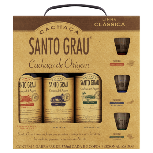 Kit Aguardente Santo Grau 3 Garrafas de 375 ml + 3 Copos Personalizados