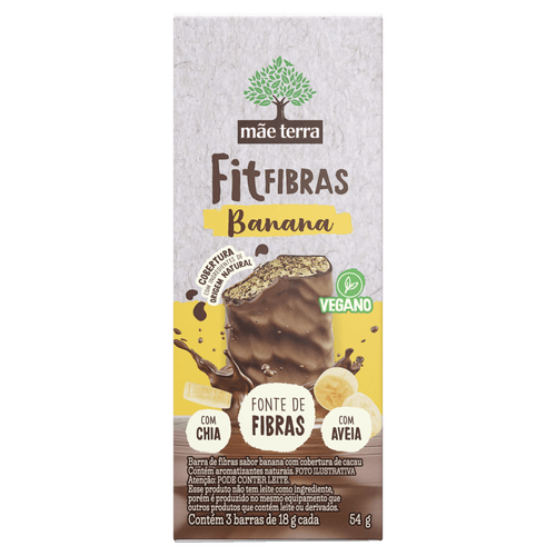 barra de fibras com chia e aveia vegana banana com cobertura cacau mãe terra fit fibras caixa 54g 3 unidades de 18g cada