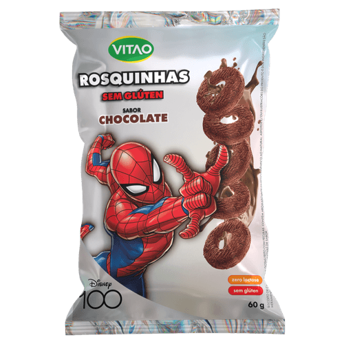 Biscoito Rosquinha com Féculas Vegano Chocolate sem Glúten Homem-Aranha Vitao Pacote 60g Disney 100