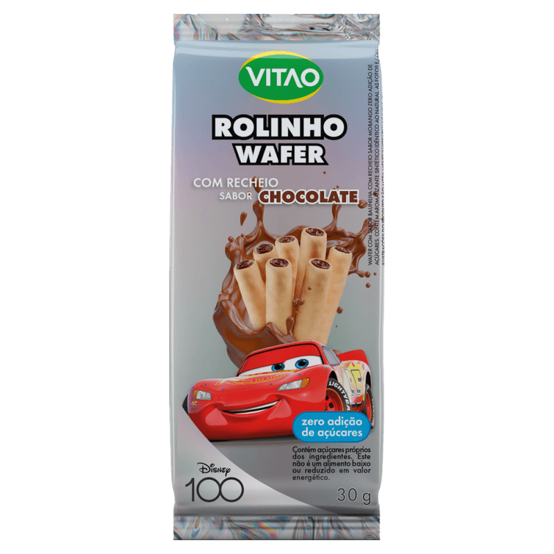 Rolinhos-de-Wafer-Baunilha-Recheio-Chocolate-sem-Adicao-de-Acucar-Carros-Vitao-Pacote-30g-Disney-100