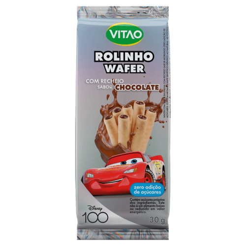 Rolinhos de Wafer Baunilha Recheio Chocolate sem Adição de Açúcar Carros Vitao Pacote 30g Disney 100