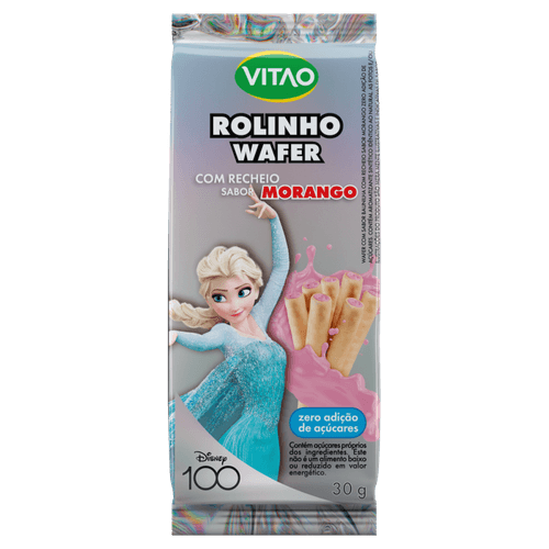 Rolinhos de Wafer Baunilha Recheio Morango sem Adição de Açúcar Frozen Vitao Pacote 30g Disney 100