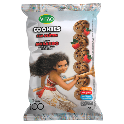 Biscoito Cookie Vegano Morango com Gotas de Chocolate sem Glúten sem Adição de Açúcar Moana Vitao Pacote 60g Disney 100