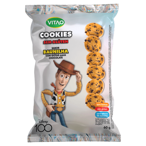 Biscoito Cookie Vegano Baunilha com Gotas de Chocolate sem Glúten sem Adição de Açúcar Toy Story Vitao Pacote 60g Disney 100