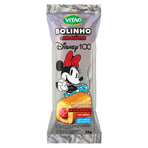 Bolinho Baunilha Recheio Morango sem Glúten sem Adição de Açúcar Minnie Mouse Vitao Pacote 35g Disney 100