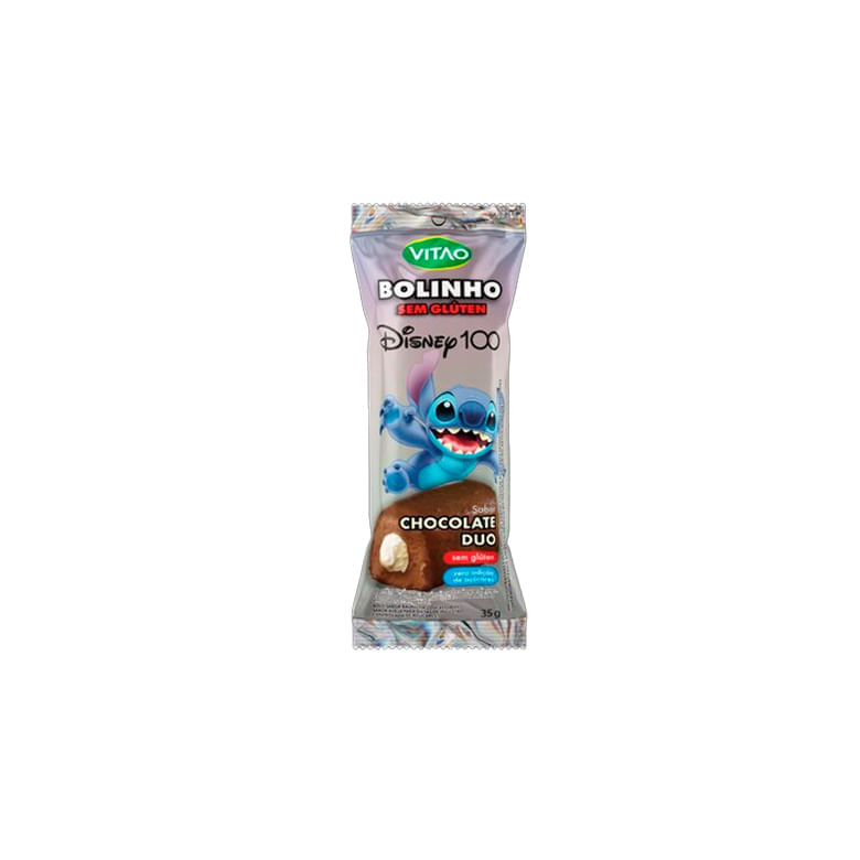 Bolinho-Chocolate-Duo-Recheio-Chocolate-Branco-sem-Gluten-sem-Adicao-de-Acucar-Lilo---Stitch-Vitao-Pacote-35g-Disney-100