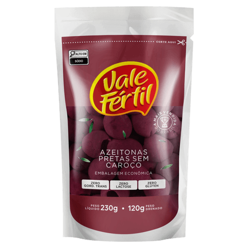 Azeitona Preta em Conserva sem Caroço Vale Fértil Sachê Peso Líquido 230g Peso Drenado 120g Embalagem Econômica