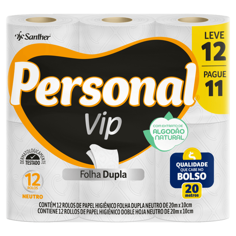 Papel-Higienico-Folha-Dupla-Neutro-com-Extrato-de-Algodao-Natural-Personal-Vip-20m-Pacote-Leve-12-Pague-11-Unidades