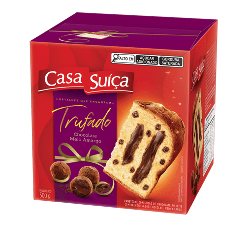 Panettone com Gotas de Chocolate ao Leite Recheio Trufado Chocolate Meio Amargo Casa Suíça Caixa 500g
