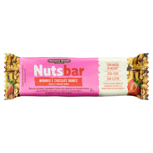 Barra de Nuts Castanhas, Amendoim e Frutas Morango Cobertura Chocolate Branco Zero Sódio Sódio sem Adição de Açúcar Nutsbar Pacote 25g