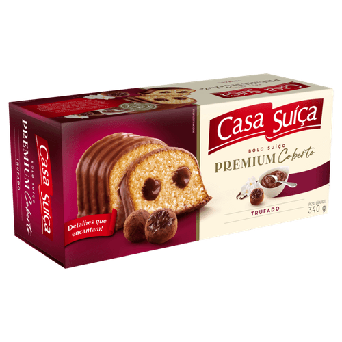 Bolo Suíço Baunilha Recheio Trufado Chocolate Amargo Cobertura Chocolate Casa Suíça Premium Caixa 340g