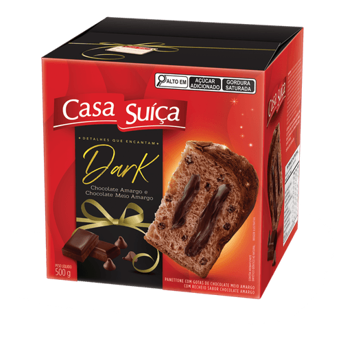 Panettone com Gotas de Chocolate Meio Amargo Recheio Dark Chocolate Amargo Casa Suíça Caixa 500g