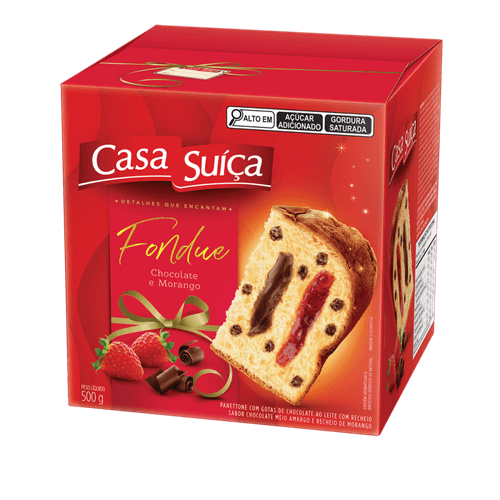 Panettone com Gotas de Chocolate ao Leite Recheio Fondue Chocolate Meio Amargo e Morango Casa Suíça Caixa 500g