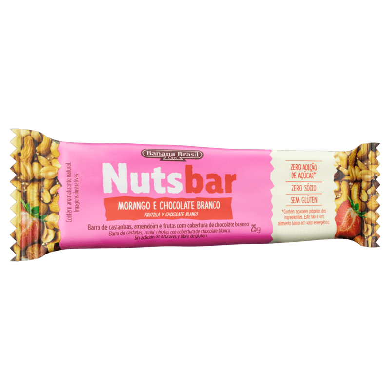 Barra-de-Nuts-Castanhas-Amendoim-e-Frutas-Morango-Cobertura-Chocolate-Branco-Zero-Sodio-Sodio-sem-Adicao-de-Acucar-Nutsbar-Pacote-25g