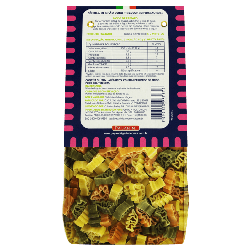 Macarrao-de-Semola-Grano-Duro-Tricolor-Dinossauros-Paganini-Bambini-Pacote-200g-Gratis-50g