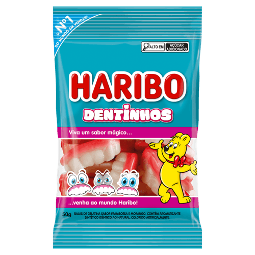 Bala de Gelatina Framboesa e Morango Dentinhos Haribo Pacote 50g