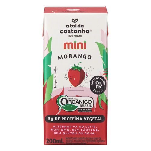 Bebida à Base de Castanha-de-Caju 3g de Proteína Vegetal Orgânica Polpa de Morango A Tal da Castanha Mini Caixa 200ml