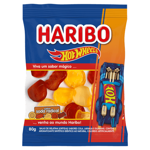 Bala de Gelatina Sortidas Soda Radical Cola, Laranja e Guaraná Hot Wheels Haribo Pacote 80g