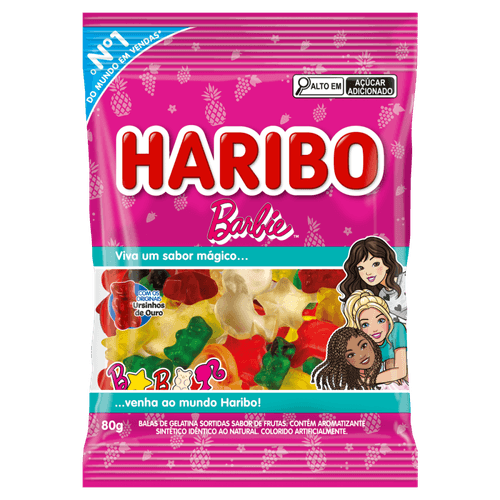 Bala de Gelatina Sortidas de Frutas Barbie e Ursinhos de Ouro Haribo Pacote 80g