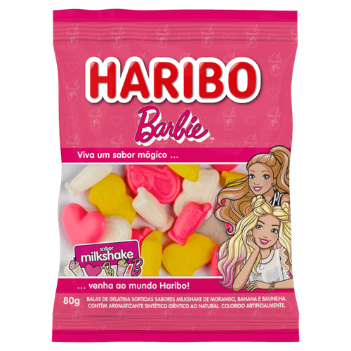 Bala de Gelatina Sortidas Milkshake de Morango, Banana e Baunilha Barbie Haribo Pacote 80g