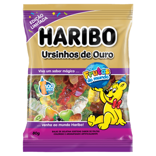 Bala de Gelatina Sortidas Frutas do Mundo Ursinhos de Ouro Haribo Pacote 80g Edição Limitada