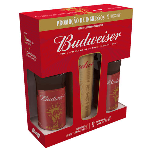 Kit Copo Dourado 650ml + Cerveja American Lager Fifa World Cup Qatar 2022 Budweiser 2 Unidades 330ml Cada