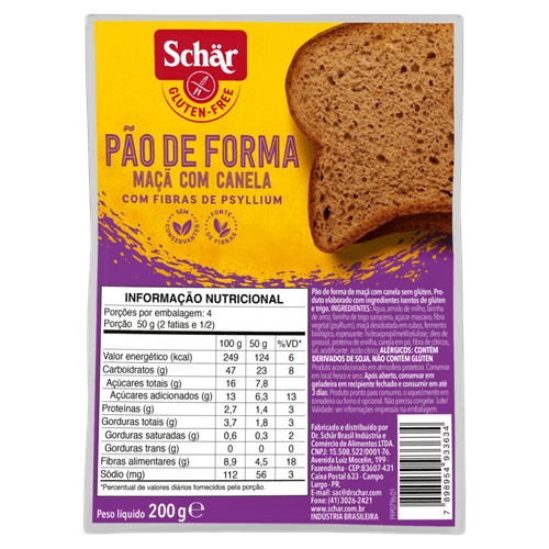 Pão de Forma Maçã com Canela  com Fibra de Psyllium sem Glúten Zero Lactose Schär Pacote 200g