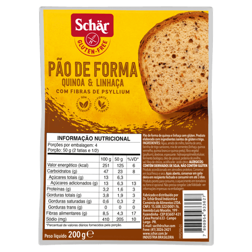 Pão de Forma Quinoa e Linhaça com Fibra de Psyllium sem Glúten Zero Lactose Schär Pacote 200g