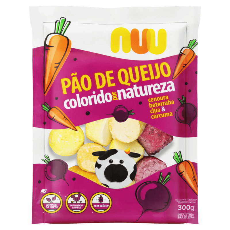 Pao-de-Queijo-Congelado-com-Cenoura-Curcuma-e-Beterraba-Chia-Nuu-Colorido-por-Natureza-Pacote-300g