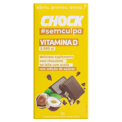 Suplemento Alimentar de Vitamina D Tablete Chocolate ao Leite com Avelã sem Adição de Açúcar Chock Vitamina D Caixa 75g