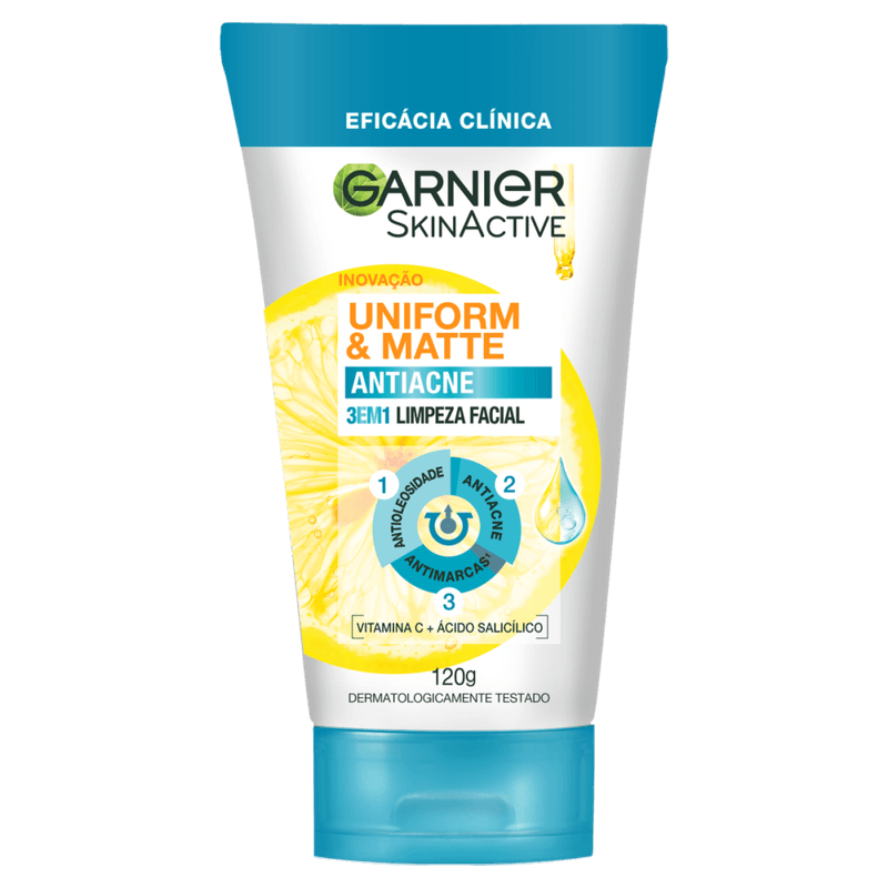 Esfoliante-Garnier-Uniform---Matte-Antiacne-3-em-1-Limpeza-Facial-120g