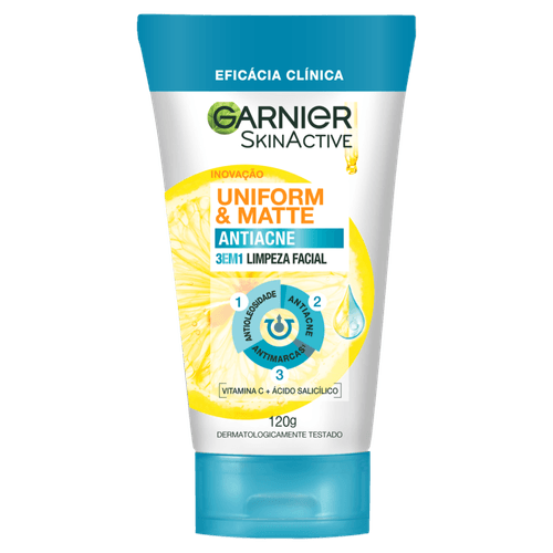 Limpeza Facial Antiacne 3 em 1 Vitamina C + Ácido Salicílico Garnier SkinActive Uniform & Matte Bisnaga 120g