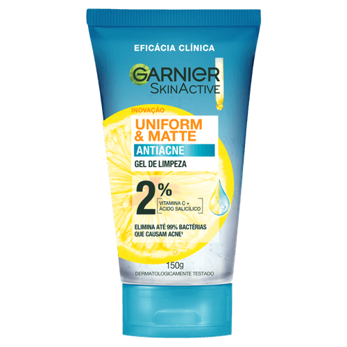 Gel Facial de Limpeza Antiacne 2% Vitamina C + Ácido Salicílico Garnier SkinActive Uniform & Matte Bisnaga 150g