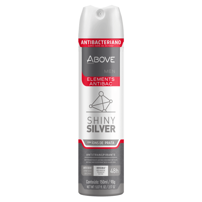 Antitranspirante-Aerossol-Antibacteriano-Shiny-Silver-com-Ions-de-Prata-48h-Above-Men-Elements-150ml-Spray