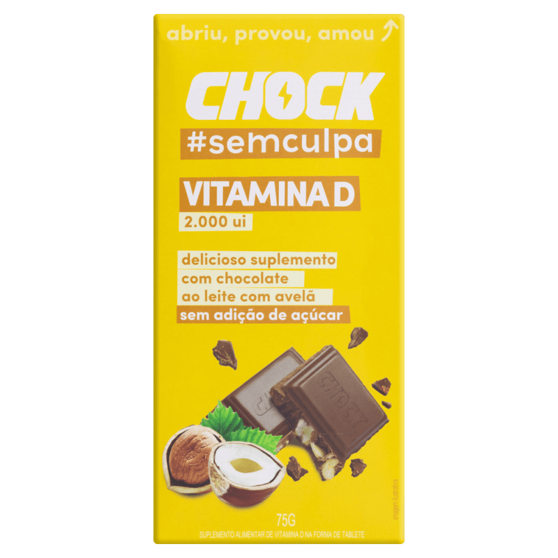 Suplemento-Alimentar-de-Vitamina-D-Tablete-Chocolate-ao-Leite-com-Avela-sem-Adicao-de-Acucar-Chock-Vitamina-D-Caixa-75g