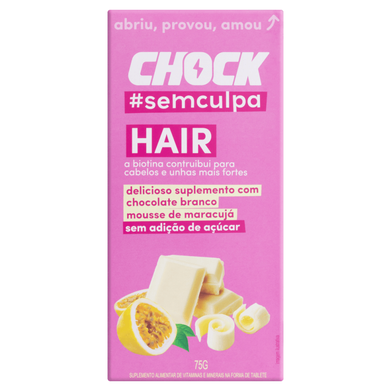 Suplemento-Alimentar-de-Zinco-Magnesio-e-Vitamina-B6-Tablete-Chocolate-Branco-e-Mousse-de-Maracuja-sem-Adicao-de-Acucar-Chock-Hair-Caixa-75g