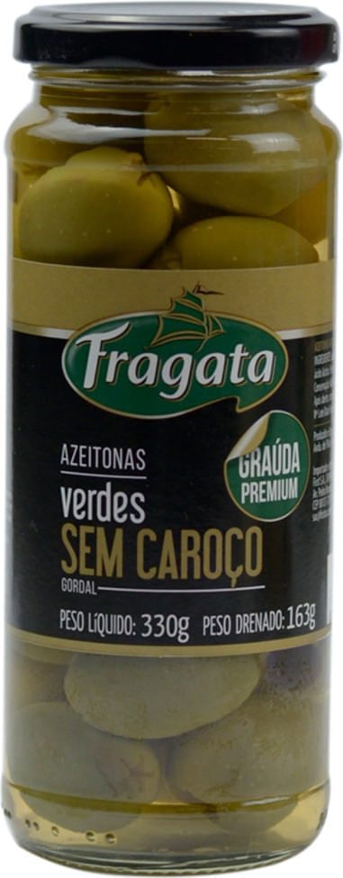 Azeitona Verde em Conserva Gordal com Caroço Fragata Graúda Premium Vidro Peso Líquido 340g Peso Drenado 198g