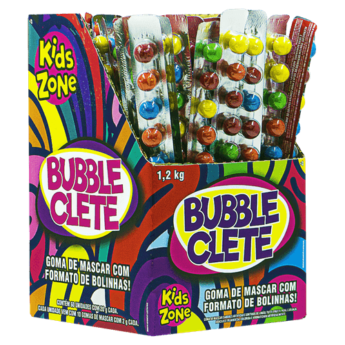 Goma de Mascar Sortida de Limão, Tutti Frutti, Pera, Laranja, Abacaxi e Framboesa Kids Zone Bubble Clete Cartela 20g 10 Unidades de 2g Cada