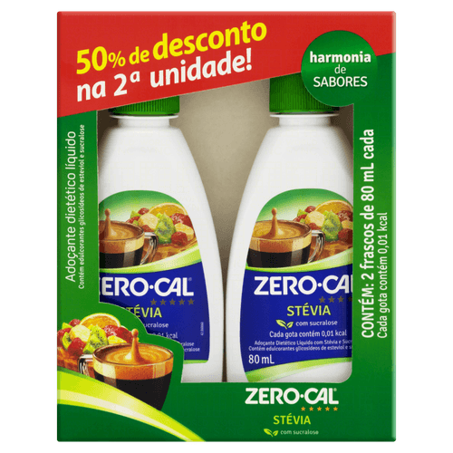 Adoçante Dietético Líquido Stevia com Sucralose Zero Cal Caixa 160ml 2 Unidades de 80ml Cada Grátis 50% de Desconto na 2ª Unidade