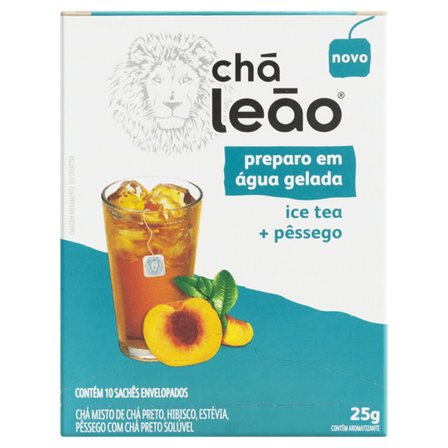 Chá Misto Ice Tea de Chá Preto, Hibisco, Estévia, Pêssego com Chá Preto Solúvel Chá Leão Caixa 25g 10 Unidades