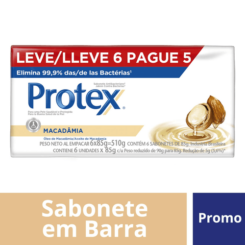 Sabonete em Barra Antibacteriano com Óleo de Linhaça Macadâmia Protex Nutri Protect Envoltório 510g Leve 6 Pague Menos 85g Cada