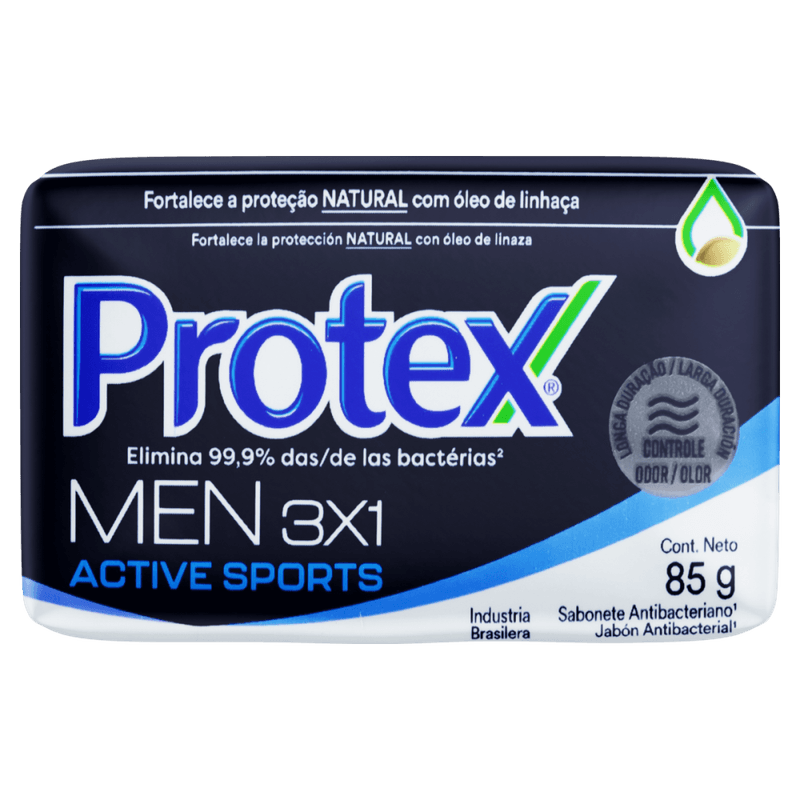 Sabonete-em-Barra-Antibacteriano-com-Oleo-de-Linhaca-Protex-Men-3x1-Active-Sports-Envoltorio-85g