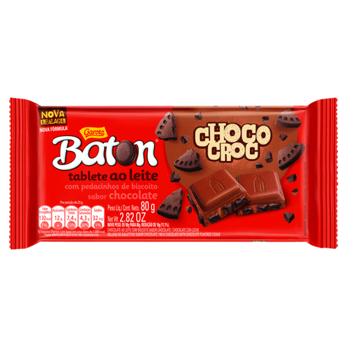 Chocolate ao Leite Choco Croc com Pedacinhos de Biscoito de Chocolate Garoto Baton Pacote 80g