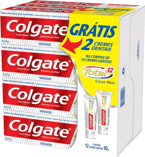 Creme Dental Anticárie com Flúor Clean Mint Colgate Total 12 Caixa 90g Cada Leve 12 Pague 10 Unidades