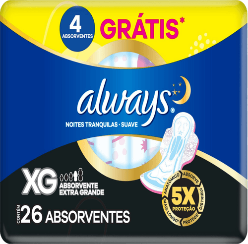 Absorvente com Abas Suave Always Noites Tranquilas XG Pacote 26 Unidades Grátis 4 Absorventes