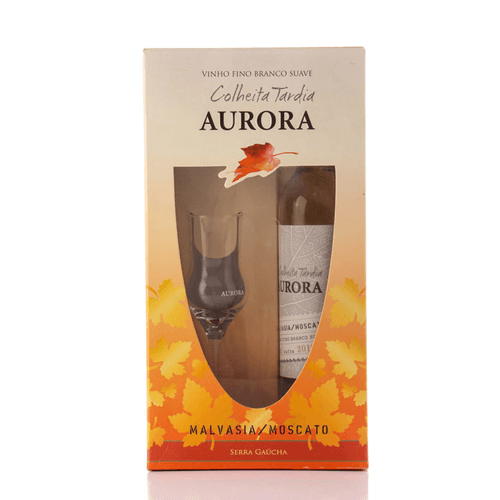 Kit Taça + Vinho Brasileiro Branco Suave Aurora Colheita Tardia Malvasia Moscato Serra Gaúcha 500ml