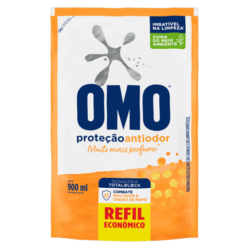 Lava-Roupas Líquido Omo Proteção Antiodor Sachê 900ml Refil Econômico