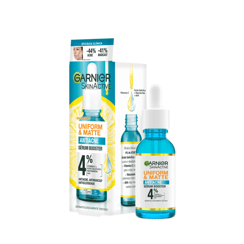 Sérum Booster Antiacne 4% Vitamina C + Ácido Salicílico + Niacinamida + Aha Garnier SkinActive Uniform & Matte Caixa 15ml